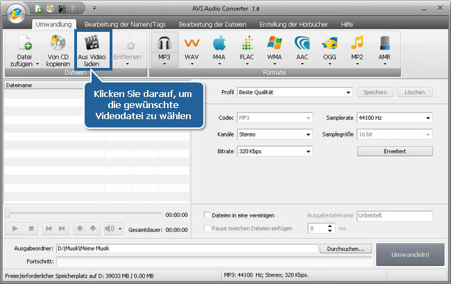 Wie exportiert man den Ton aus einer Videodatei mit dem AVS Audio Converter? Schritt 2