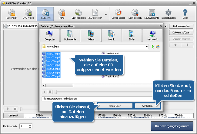 Wie kann man eine Audio-CD aus unterschiedlichen Audioformaten erstellen? Schritt 2