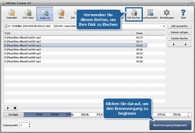 Wie kann man eine Audio-CD aus unterschiedlichen Audioformaten erstellen? Schritt 3