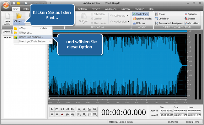 Wie vereinigt man mehrere Audiotracks in eine Datei mit dem AVS Audio Editor? Schritt 3
