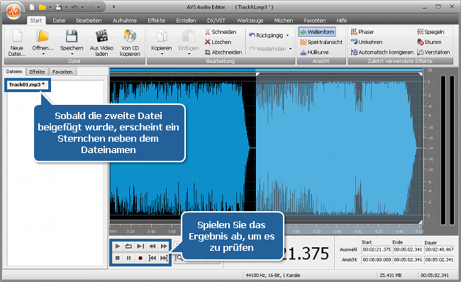Wie vereinigt man mehrere Audiotracks in eine Datei mit dem AVS Audio Editor? Schritt 3