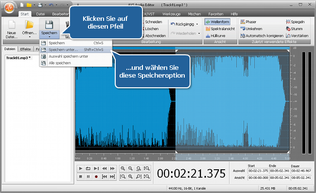 Wie vereinigt man mehrere Audiotracks in eine Datei mit dem AVS Audio Editor? Schritt 4