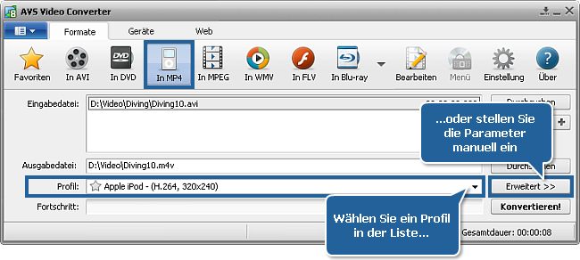 Wie wandelt man Heimvideos ins MP4-Format für den Apple iPod um? Schritt 3