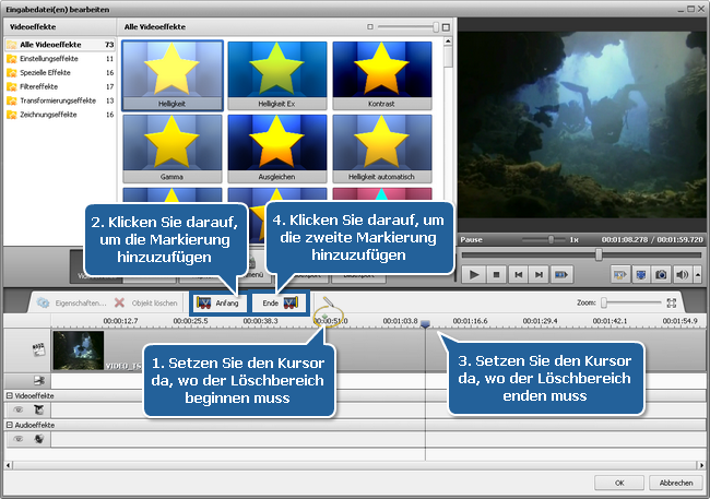 Wie entfernt man ungewünschte Szenen aus dem Video und wandelt es in ein anderes Format um? Schritt 4