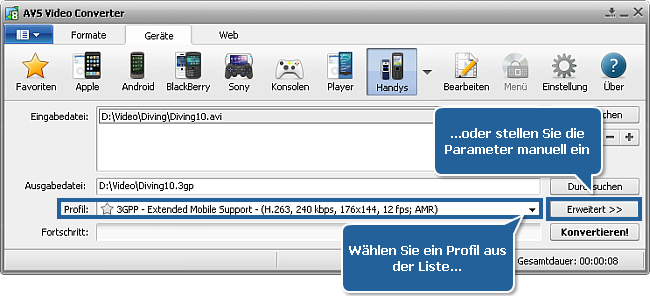 Wie wandelt man Heimvideos ins 3GP- oder MP4-Format für Mobiltelefone um? Schritt 3