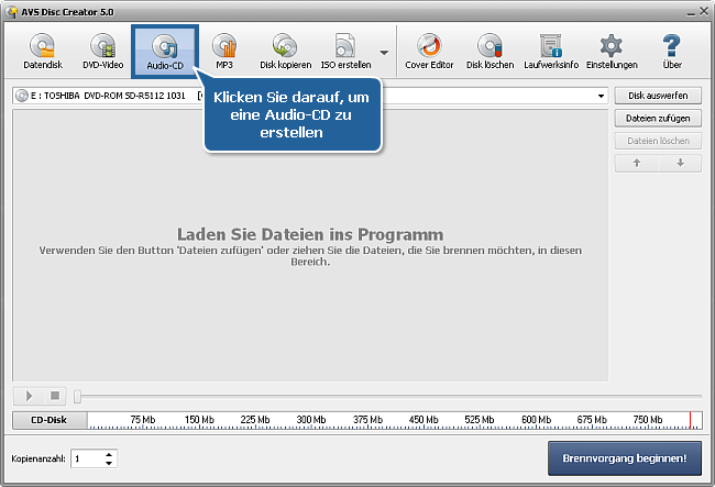 Wie kann man eine Audio-CD aus unterschiedlichen Audioformaten erstellen? Schritt 2