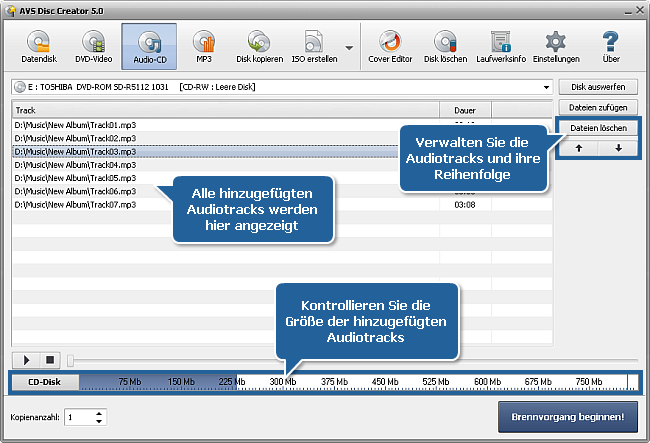 Wie kann man eine Audio-CD aus unterschiedlichen Audioformaten erstellen? Schritt 2
