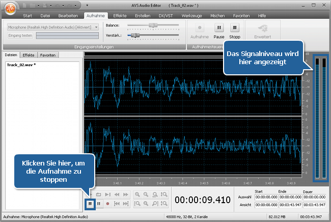 Wie zeichnet man Stimme oberhalb eines Audiotracks mit dem AVS Audio Editor auf? Schritt 5
