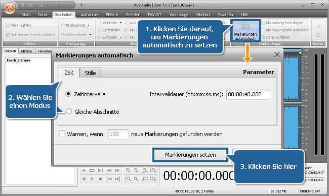 Wie teilt man eine Audiodatei in separate Tracks mit dem AVS Audio Editor? Schritt 3