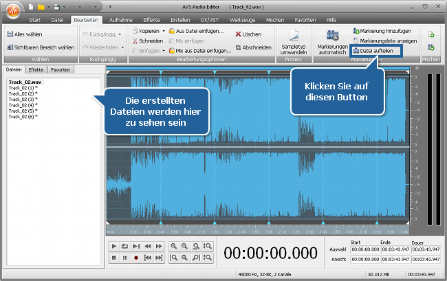 Wie teilt man eine Audiodatei in separate Tracks mit dem AVS Audio Editor? Schritt 4