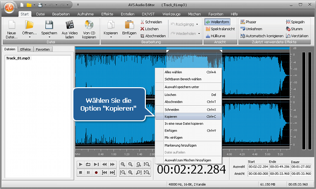 Wie kann man mit dem AVS Audio Editor die Audiospur für eine Mediadatei passend machen? Schritt 3