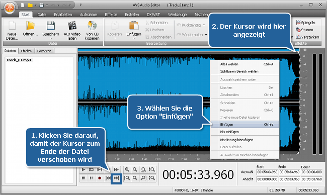 Wie kann man mit dem AVS Audio Editor die Audiospur für eine Mediadatei passend machen? Schritt 3