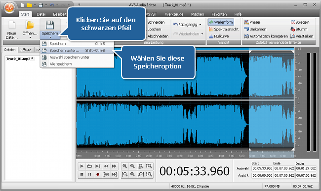 Wie kann man mit dem AVS Audio Editor die Audiospur für eine Mediadatei passend machen? Schritt 4