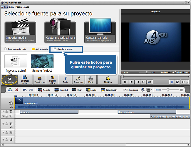 ¿Cómo guardar proyectos y películas en AVS Video Editor? Paso 1