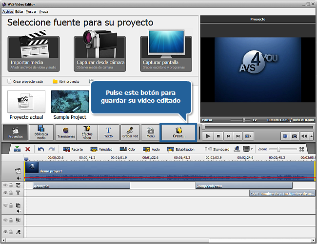¿Cómo guardar proyectos y películas en AVS Video Editor? Paso 2