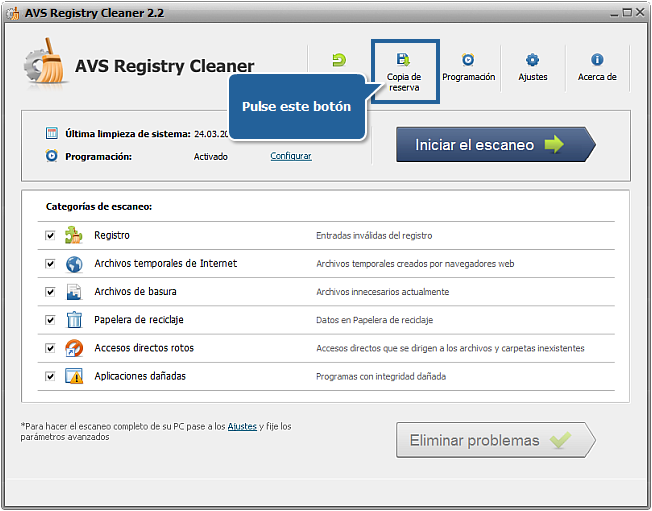 ¿Cómo hacer una copia de reserva y restablecer el registro con AVS Registry Cleaner? Paso 2