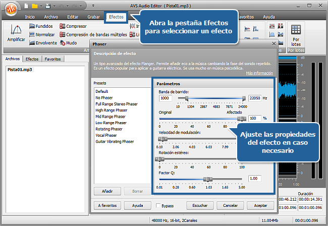 ¿Cómo aplicar efectos de audio en un archivo de audio con AVS Audio Editor? Paso 4