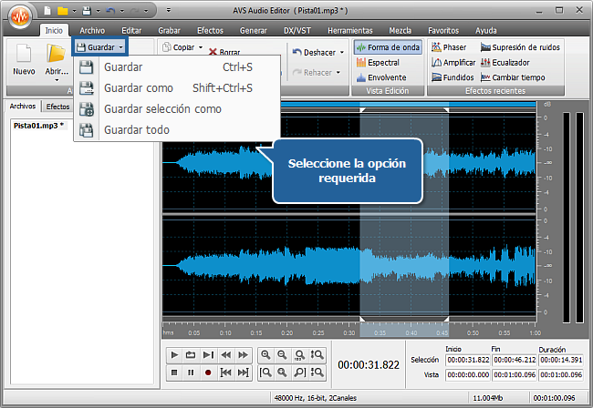 ¿Cómo aplicar efectos de audio en un archivo de audio con AVS Audio Editor? Paso 5