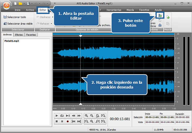 ¿Cómo dividir un archivo de audio en pistas separadas con AVS Audio Editor? Paso 3