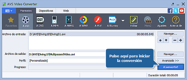 ¿Cómo realizar conversión a muchas pasadas con AVS Video Converter?