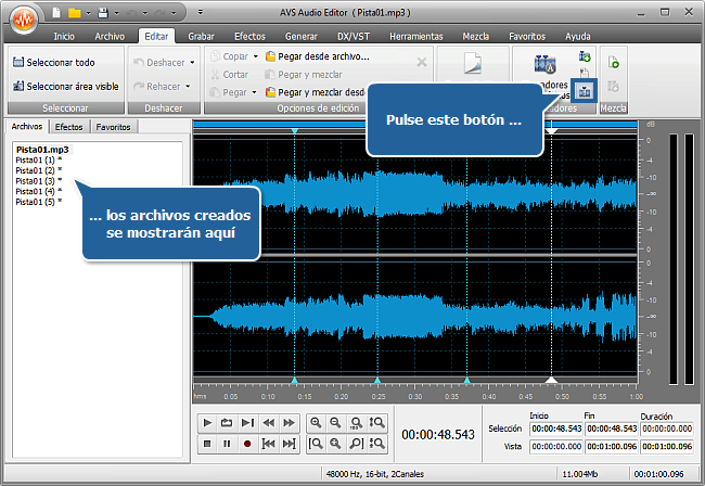 ¿Cómo dividir un archivo de audio en pistas separadas con AVS Audio Editor? Paso 4