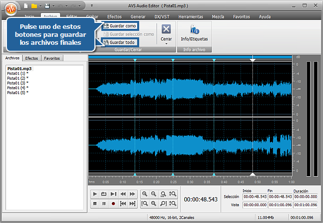 ¿Cómo dividir un archivo de audio en pistas separadas con AVS Audio Editor? Paso 5