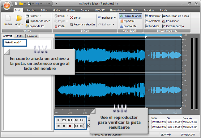 ¿Cómo unir varias pistas de audio en un solo archivo con AVS Audio Editor? Paso 3