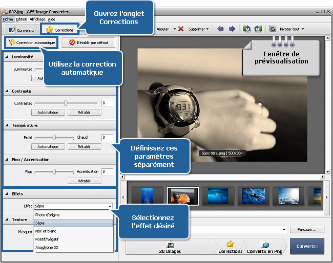 Comment appliquer un effet aux images et les convertir dans un autre format? Etape 3