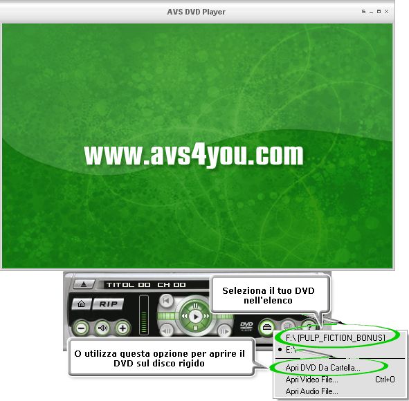 Come riprodurre DVDs utilizzando AVS DVD Player. Passo 2