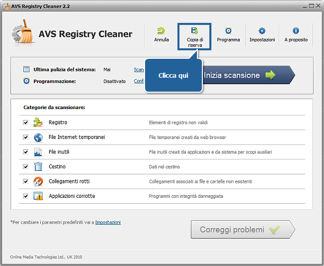 Come fare una copia di riserva e recuperare il registro con AVS Registry Cleaner? Passo 2
