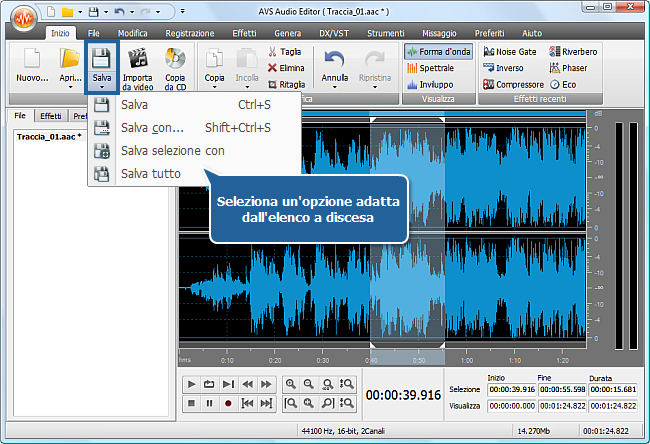 Come si fa ad applicare effetti audio a un file audio usando AVS Audio Editor? Passo 5