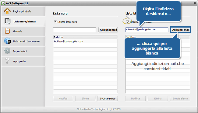 Come si fa ad aggiungere un certo indirizzo e-mail alla lista nera/bianca? Passo 3