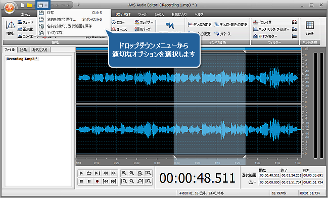 AVS Audio Editor で音声ファイルにオーディオ効果を適用する方法。ステップ 5