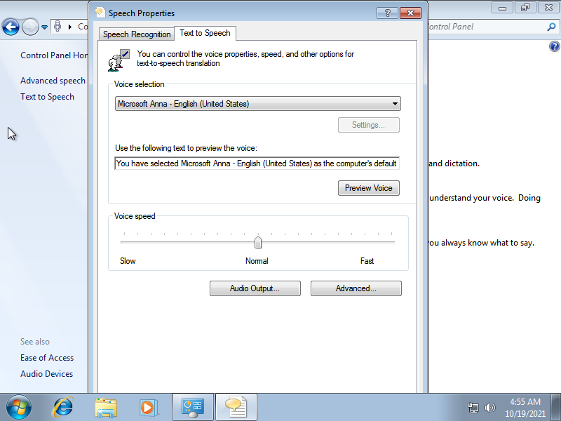 text to allocution in control panel windows 7